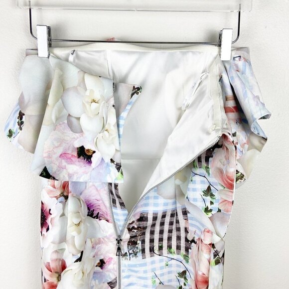 BARDOT | White Ivory Multi Floral Plaid Print Strapless Bodycon Midi Dress - Picture 7 of 10